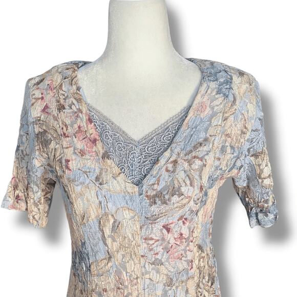 Vintage 90s Crinkle Lace Panels Maxi Dress Medium Pastel Blue Floral Pattern - Picture 5 of 9